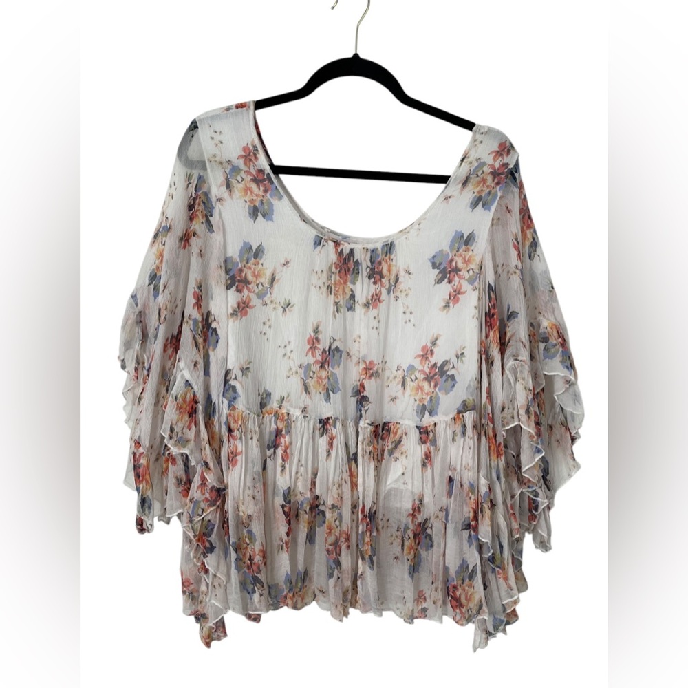 Johnny Was White Floral Ruffle Peasant Top with Blue and Pink Blossoms